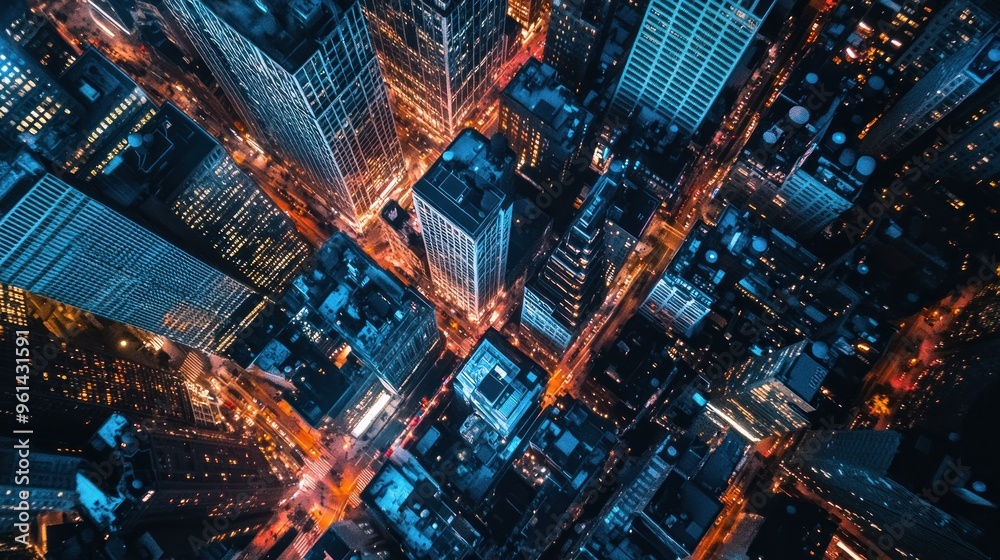 Aerial view of a vibrant cityscape illuminated at night, showcasing urban architecture and lights. Aerial view of a vibrant cityscape illuminated at night, showcasing urban architecture and lights.