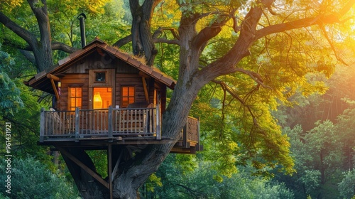 A detailed view of an eco-friendly accommodation such as a treehouse or solar-powered lodge, featuring a clean background and lots of copy space for lodging information. photo