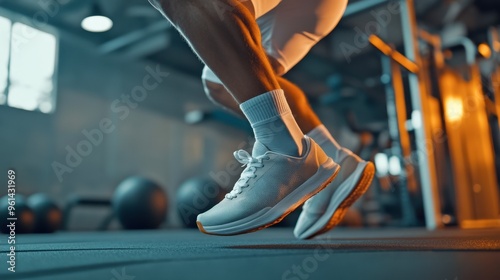 A fitness enthusiast doing squats in unbranded sports shoes, with focus on the stability and support provided by the shoes.