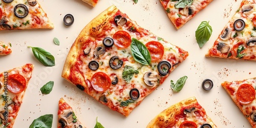 Delicious Pepperoni, Mushroom, and Olive Pizza Slices photo