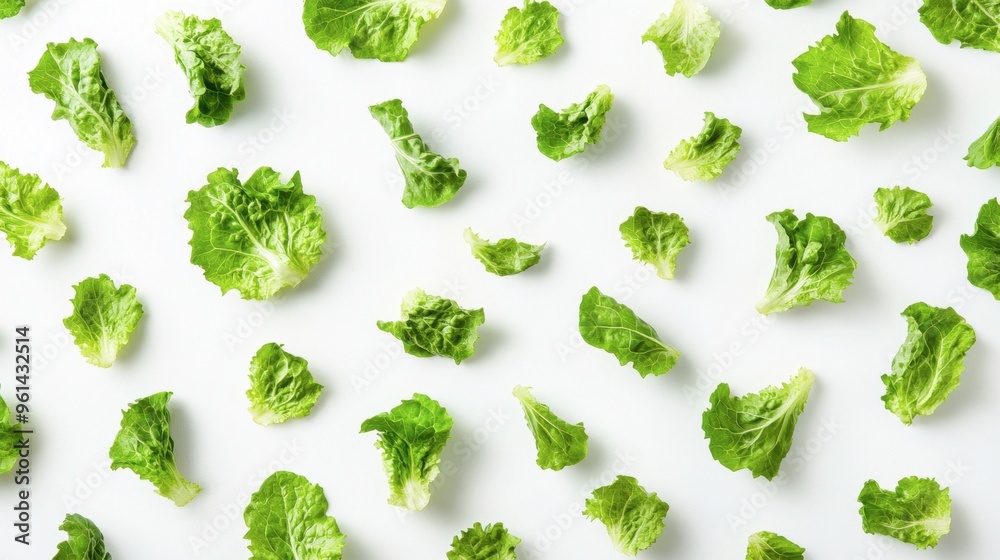 A flat lay of green oak lettuce leaves, whole and chopped, on a white background for a clean, fresh look. A flat lay of green oak lettuce leaves, whole and chopped, on a white background for a clean, fresh look.