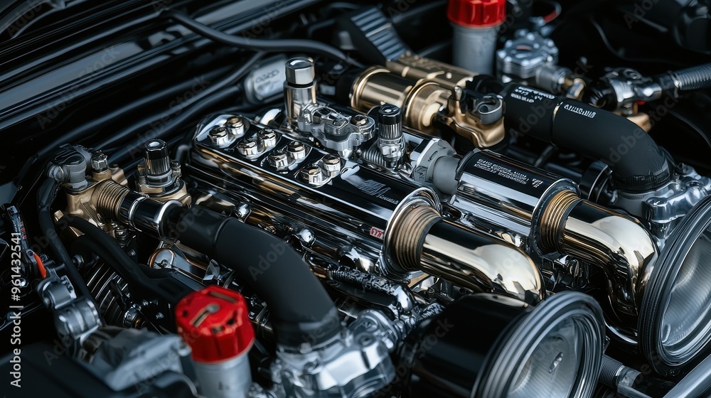 Fototapeta premium Powerful Car Engine with Chrome Details