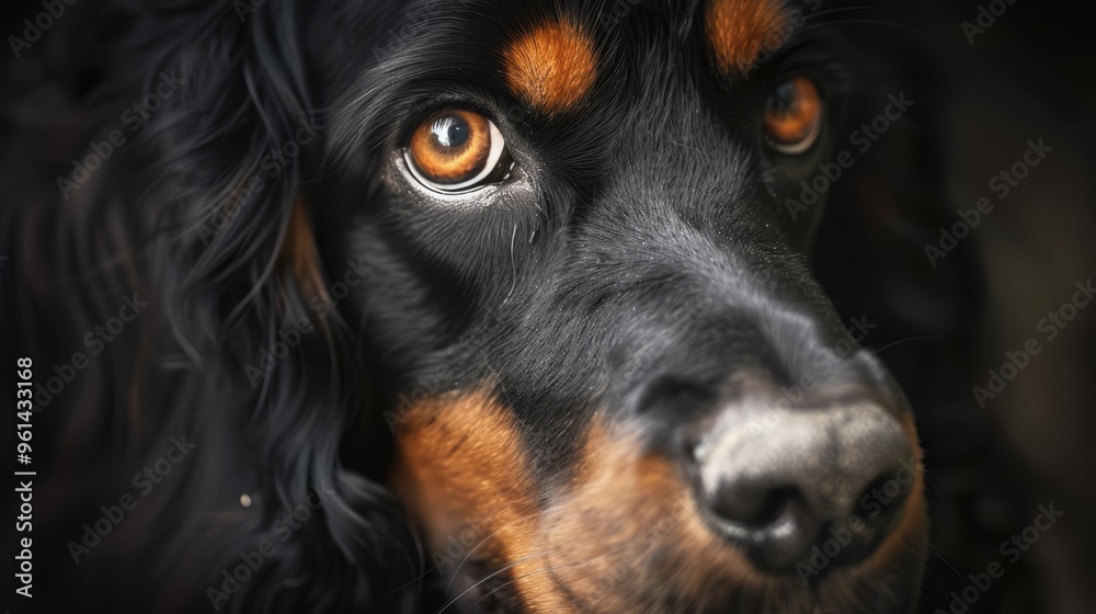 A tight shot of a dog's expressive face, set against a backdrop of its black and brown head A tight shot of a dog's expressive face, set against a backdrop of its black and brown head