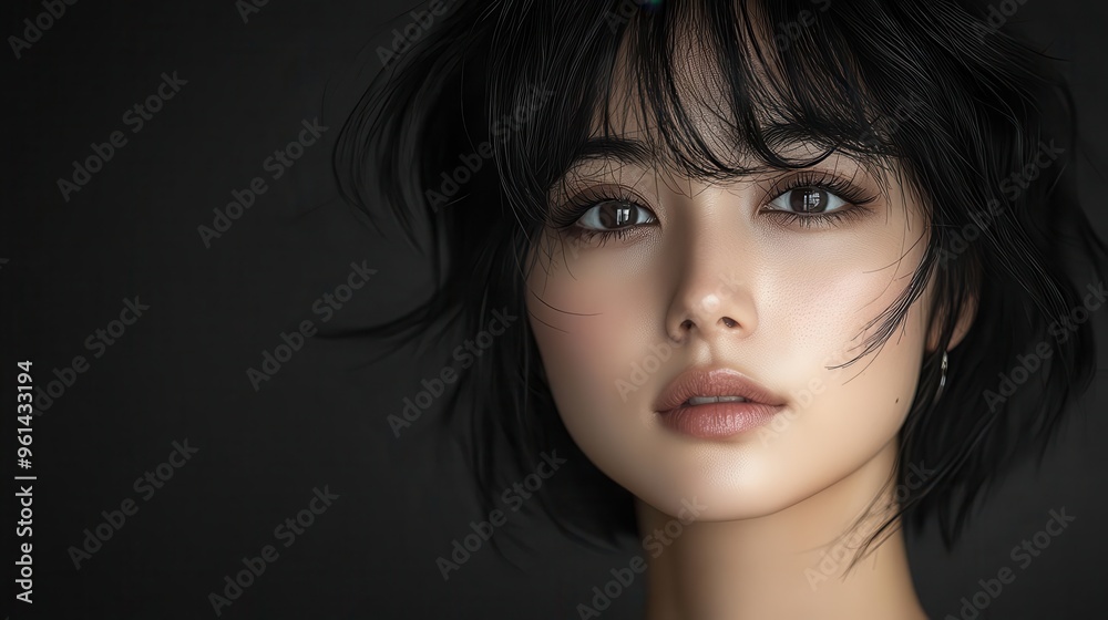 elegant asian woman with chic short hair and natural makeup exuding sophistication and grace in a minimalist studio setting elegant asian woman with chic short hair and natural makeup exuding sophistication and grace in a minimalist studio setting