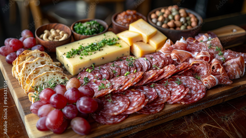 An elegantly arranged wooden platter in a refined restaurant setting, featuring mixed charcuterie meats (salami, prosciutto), Gouda, Cheddar, grapes, mixed nuts, and crusty bread slices An elegantly arranged wooden platter in a refined restaurant setting, featuring mixed charcuterie meats (salami, prosciutto), Gouda, Cheddar, grapes, mixed nuts, and crusty bread slices