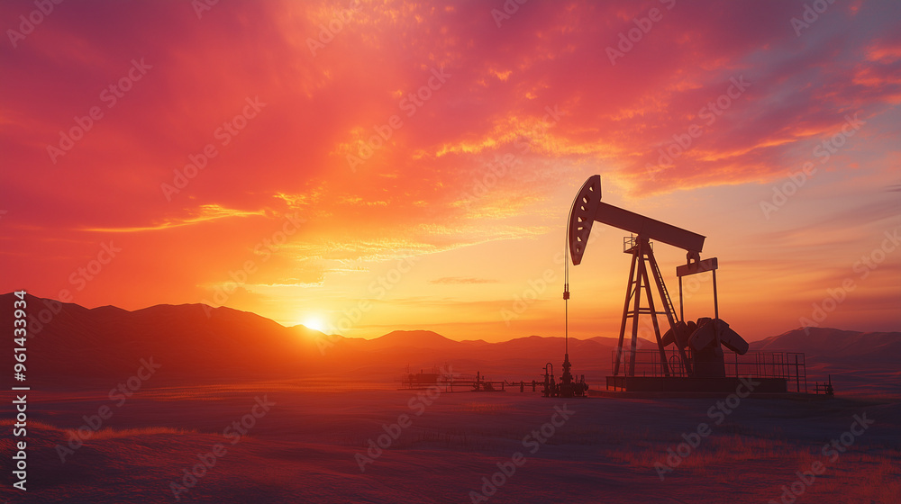 Silhouette of an oil pumpjack operating in a desert landscape during a vibrant sunrise, representing energy extraction Silhouette of an oil pumpjack operating in a desert landscape during a vibrant sunrise, representing energy extraction
