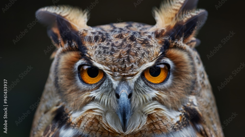 Obraz premium A tight shot of an owl's face with an orange-eyed owl in the background