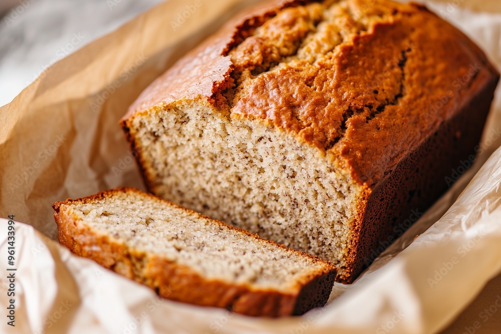 rustic banana bread loaf with a golden brown crust, partially sliced to showcase its soft, moist interior. It sits on parchment paper, giving it a homemade, simple charm rustic banana bread loaf with a golden brown crust, partially sliced to showcase its soft, moist interior. It sits on parchment paper, giving it a homemade, simple charm