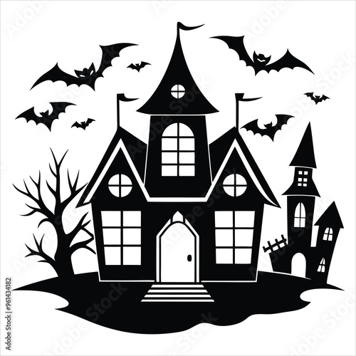 ai generated design 
halloween, house, silhouette, vector, spooky, haunted, dark, scary, eerie, horror, night, bats, moon, cemetery, ghost, pumpkins, lantern, graveyard, witch, cat, spider, webs, wind