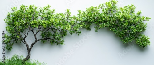 Lush green tree branches with foliage against a white background.