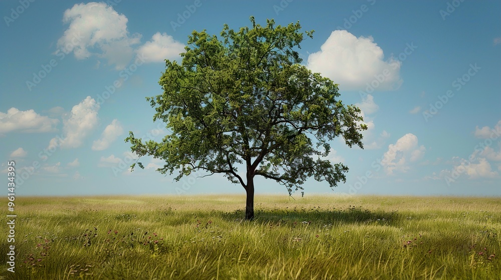 A lone tree stands tall in a field of green grass under a bright blue sky with fluffy white clouds. A lone tree stands tall in a field of green grass under a bright blue sky with fluffy white clouds.