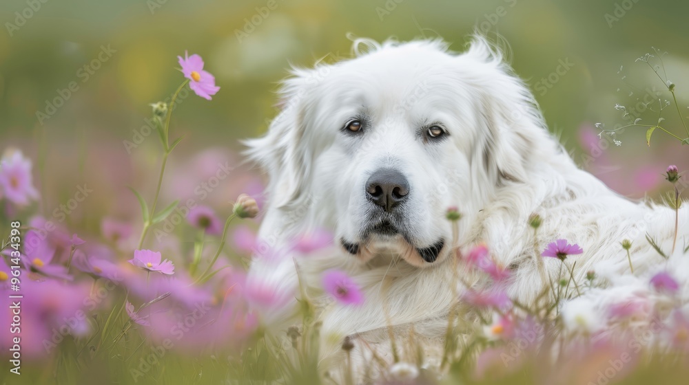 flowers surrounding the pooch with a softly blurred backdrop of pink and white blooms flowers surrounding the pooch with a softly blurred backdrop of pink and white blooms
