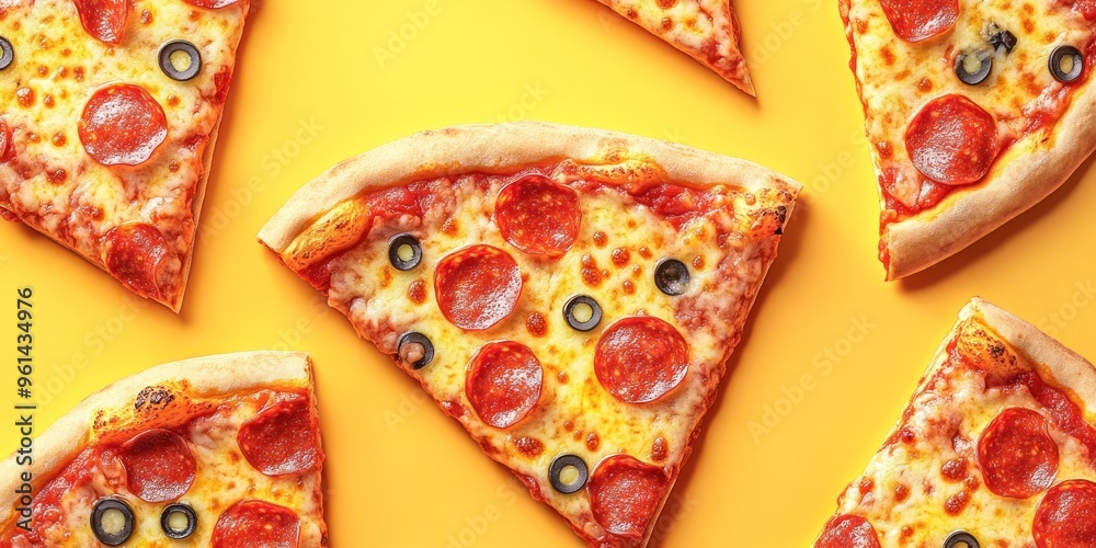 Pepperoni and Black Olive Pizza Slices on Yellow Background Pepperoni and Black Olive Pizza Slices on Yellow Background