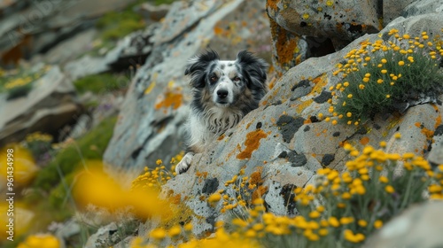  A black-and-white dog sits atop a rocky hillside, surrounded by yellow wildflowers and scattered rocks photo