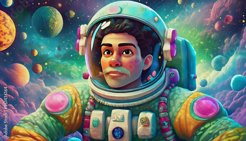  oil painting space cartoon character illustration Cosmonaut in space suit in outer space 