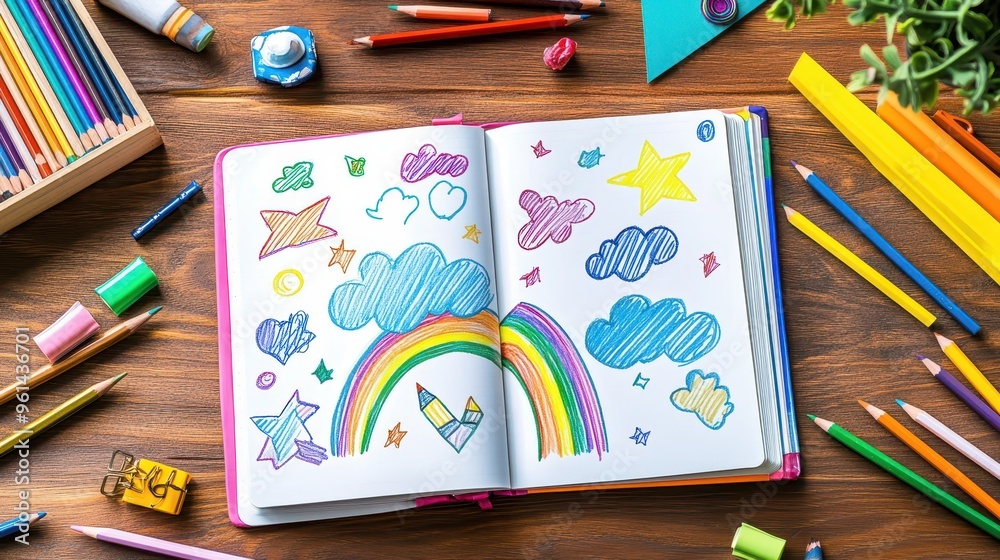 Naklejka premium Creative Workspace: Artist's Desk with Colorful Doodles and Pencils