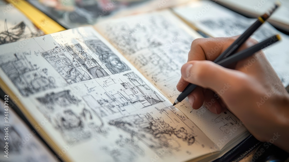 Obraz premium Creative Hand Drawing Doodles in Notebook with Sketches and Notes in Background