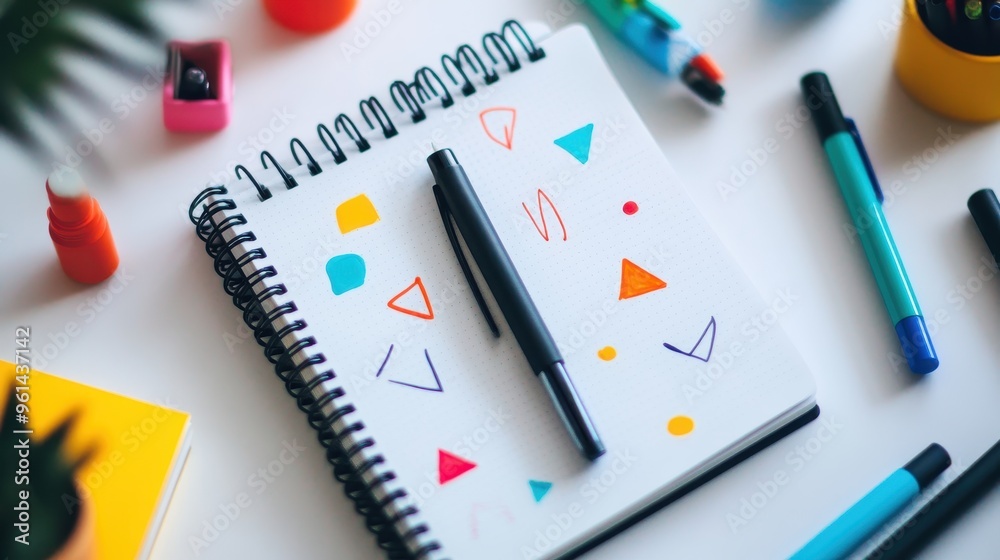 Creative Workspace with Abstract Doodles and Art Supplies Creative Workspace with Abstract Doodles and Art Supplies