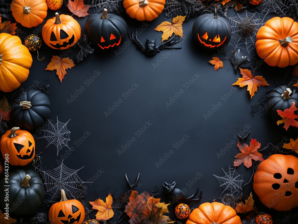 A black background with a frame of orange and black pumpkins and spider webs with copy space. Halloween banner concept A black background with a frame of orange and black pumpkins and spider webs with copy space. Halloween banner concept
