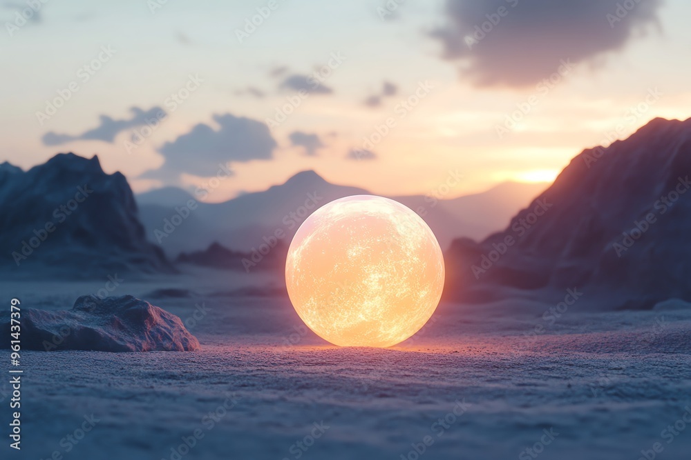 A glowing moon rises over a serene landscape, illuminating rocky formations under a colorful sky with clouds. A glowing moon rises over a serene landscape, illuminating rocky formations under a colorful sky with clouds.