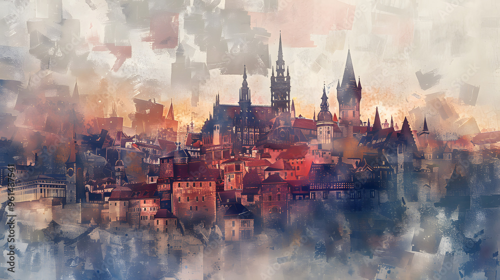 Fototapeta premium Medieval Cityscape Watercolor painting style