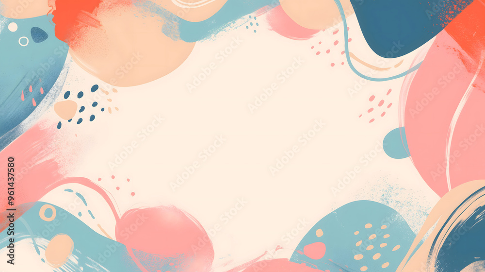 Abstract art background with different textured paint spots against white backdrop. Artistic frame template design with copy space. Pink and blue pastel color palette