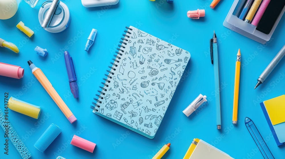 Creative Workspace with Doodled Notebook and Stationery Supplies on Desk
