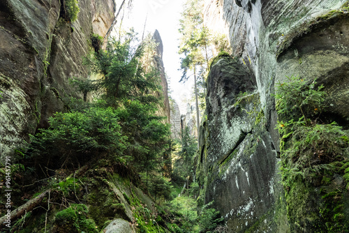 National Park of Adrspach Teplice rocks. Beautiful limestone sandstones rocks in Adrspach, Czech Republic. Adrspach Teplice Rocks mountain range in Central Sudetes part of the Table Mountains. photo