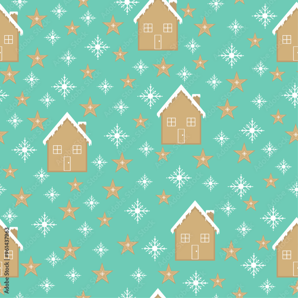 Christmas pattern for wrapping paper and cards. Vector design with gingerbread house and Snowflakes.
