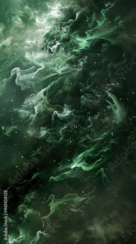 Abstract green and white swirling cloud formation resembling smoke or fog.