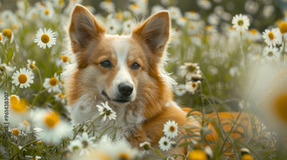A close-up of a dog in a field of flowers, with daisies filling the foreground A close-up of a dog in a field of flowers, with daisies filling the foreground