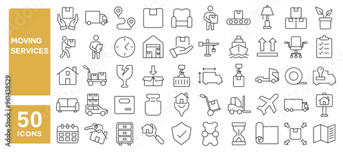 Set of 50 line icons related to moving services, home shifting, courier, shipping, delivery, vehicle, cargo, loaders, pack, package, storehouse, Editable stroke. Vector illustration