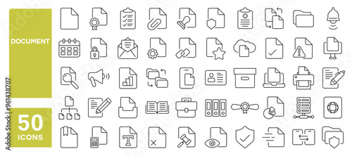 Set of 50 line icons related to document, file, receipt, preparation, papers, folder, legal, approval, documentation, Editable stroke. Vector illustration