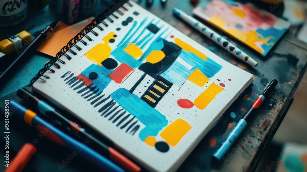 Creative Chaos - Top-Down View of Abstract Doodles Notebook with Geometric Shapes and Pens Creative Chaos - Top-Down View of Abstract Doodles Notebook with Geometric Shapes and Pens