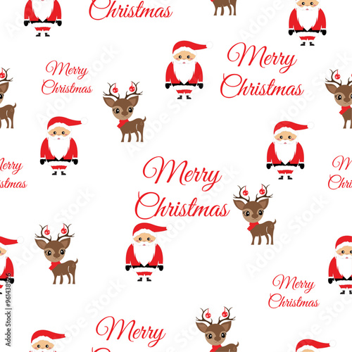 Christmas wrapping paper and card with reindeer and Santa pattern vector design.