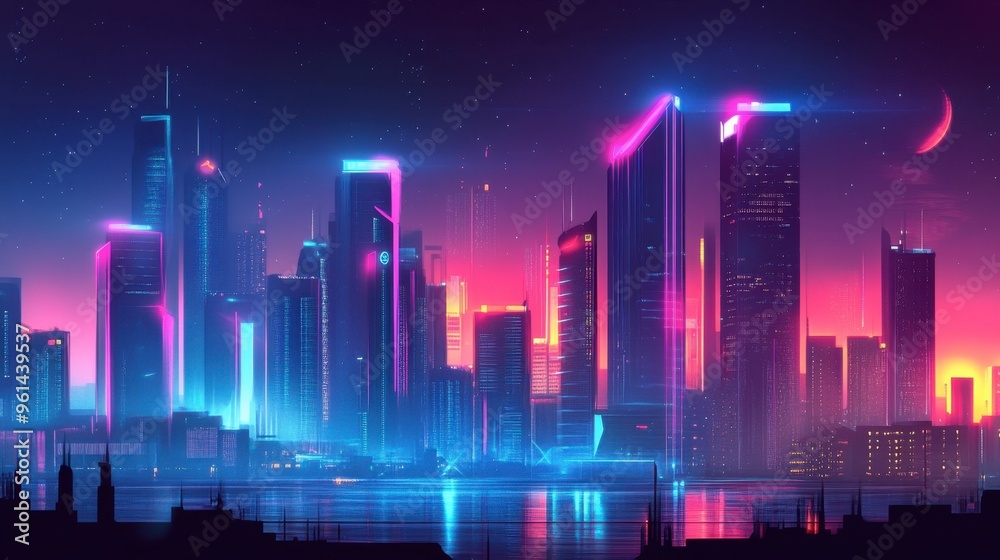A futuristic city skyline with neon lights and sleek, modern buildings against a dark night sky.