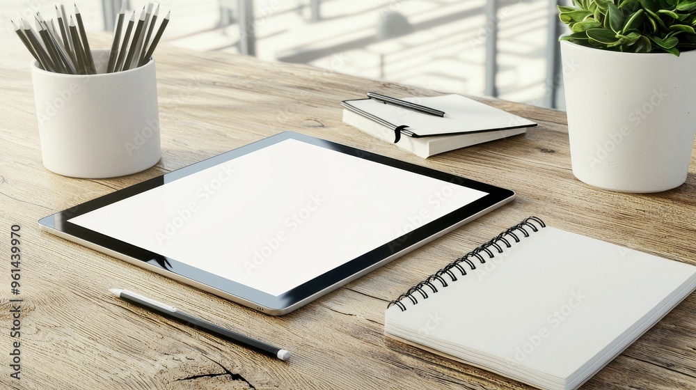 Digital Tablet Mockup with Blank Screen Notebook Pen and Pencil on Wooden Desk Digital Tablet Mockup with Blank Screen Notebook Pen and Pencil on Wooden Desk