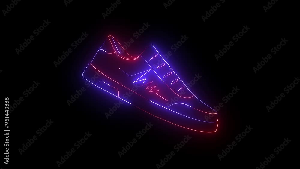 Red and blue neon glowing Shoes on black background. Stylish shoes neon 4K Video motion graphic animation. Neon sport shoe icon animation. Symbol of sports games, fitness, yoga and sport inventory.

