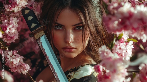 Young woman dressed as a samurai warrior holding a sword
