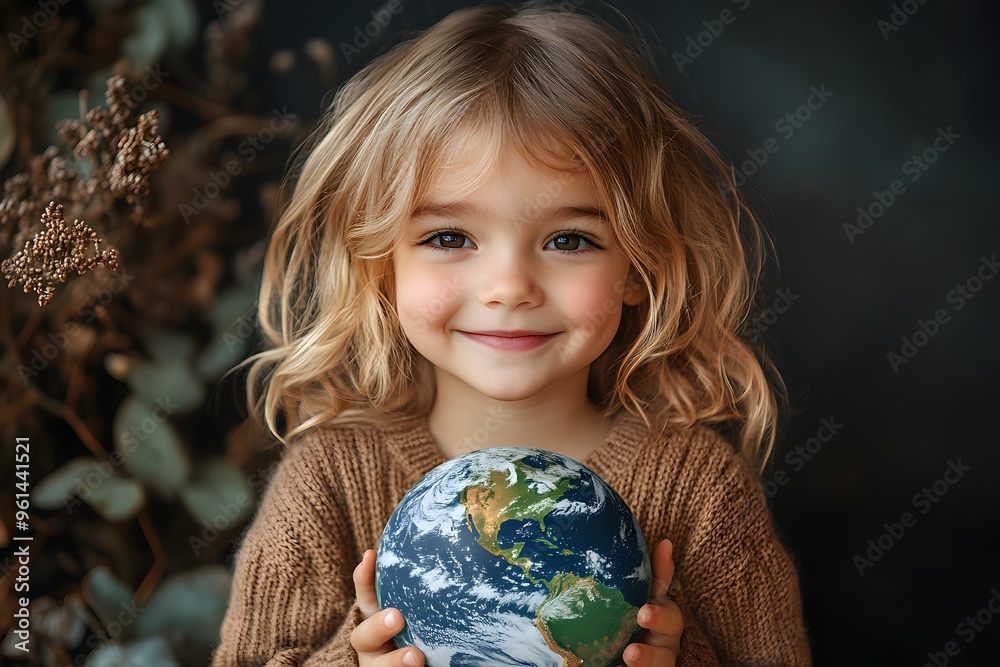 A joyful child holds a green Earth globe, symbolizing environmental care, against a dark background. The child wears a brown sweater and has wavy hair.. A joyful child holds a green Earth globe, symbolizing environmental care, against a dark background. The child wears a brown sweater and has wavy hair..