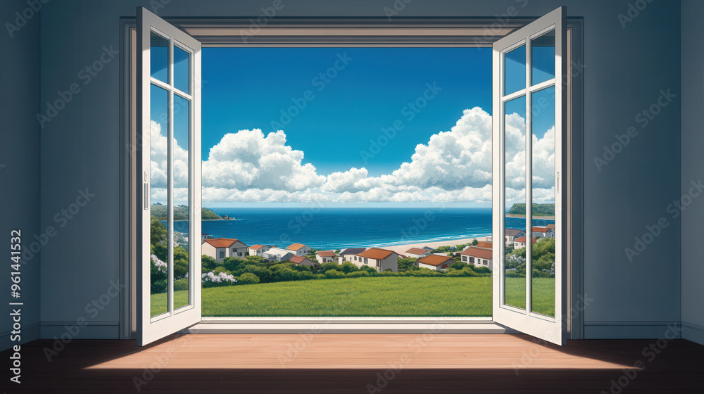 Fototapeta premium Coastal Town Serenity, A vibrant room with an open door revealing lush green lawns, azure sea, charming seaside houses, and a picturesque sky filled with fluffy white clouds.