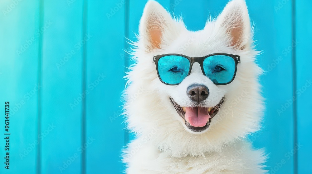 Fototapeta premium Happy Dog Wearing Sunglasses on Blue Background