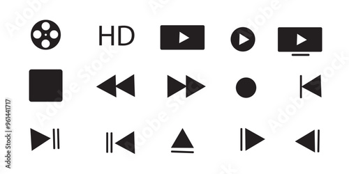  Multimedia movie cinema icons set. video, film, media,player, clapper board sign collection.