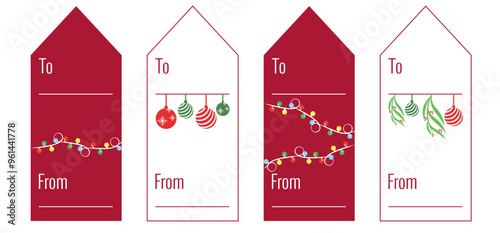 Christmas gift tags set. Labels with Christmas baubles and lights. To and From Christmas vector design for presents.