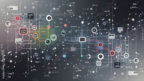 A digital background with a grid of interconnected nodes and lines. The nodes have different colors and shapes. Digital background perfect for tech processes, neural networks, artificial intelligence