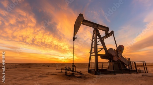 Desert Oil Pump at Sunset, an industrial oil pump silhouetted against a vibrant sunset sky, emphasizing energy extraction in a stark desert landscape. photo