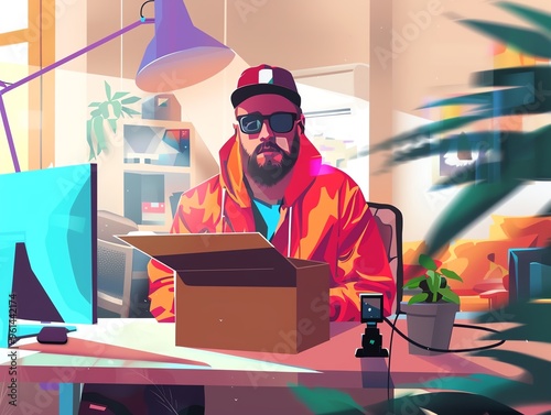 Vlogger unboxing the latest gadget, Digital, Realistic, Bright colors, exciting and detailed