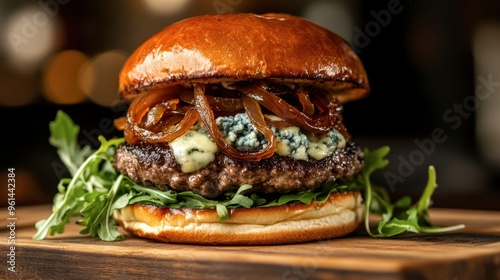 A gourmet cheeseburger with blue cheese, caramelized onions, and arugula, on a wooden platter.