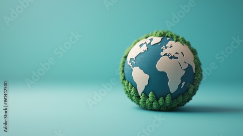 A globe surrounded by green trees, symbolizing environmental sustainability and the importance of nature conservation.