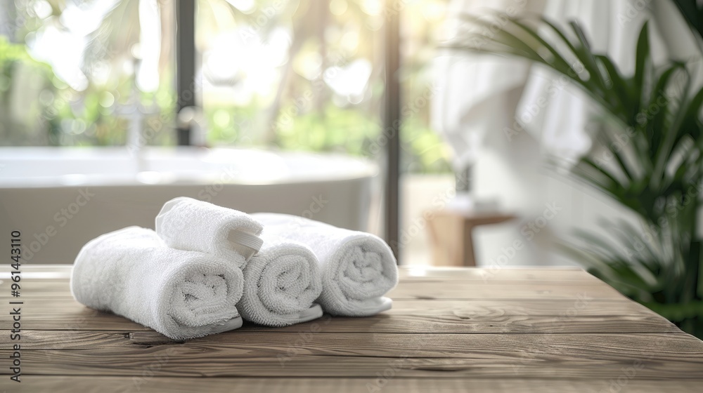 White wooden table with towels and blurred bathroom background for product showcasing. White wooden table with towels and blurred bathroom background for product showcasing.